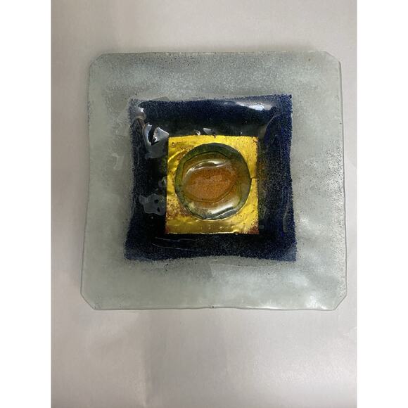 Vintage Israeli Hanna Bahral Art glass Gilt Navy Orange Square Dish 8" x8" - Picture 1 of 5